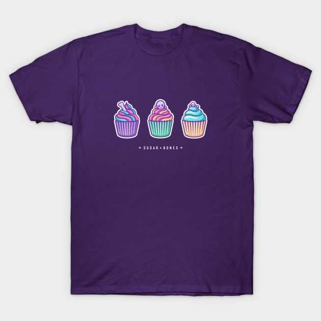 Three creepy cupcakes on dark T-Shirt by Sugar & Bones